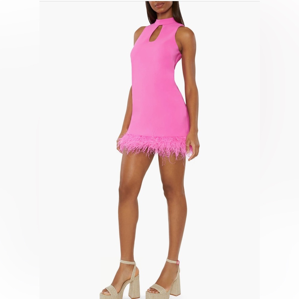 LIKELY Brand Elegant Pink Sleeveless Dress with Ostrich Feather Hem